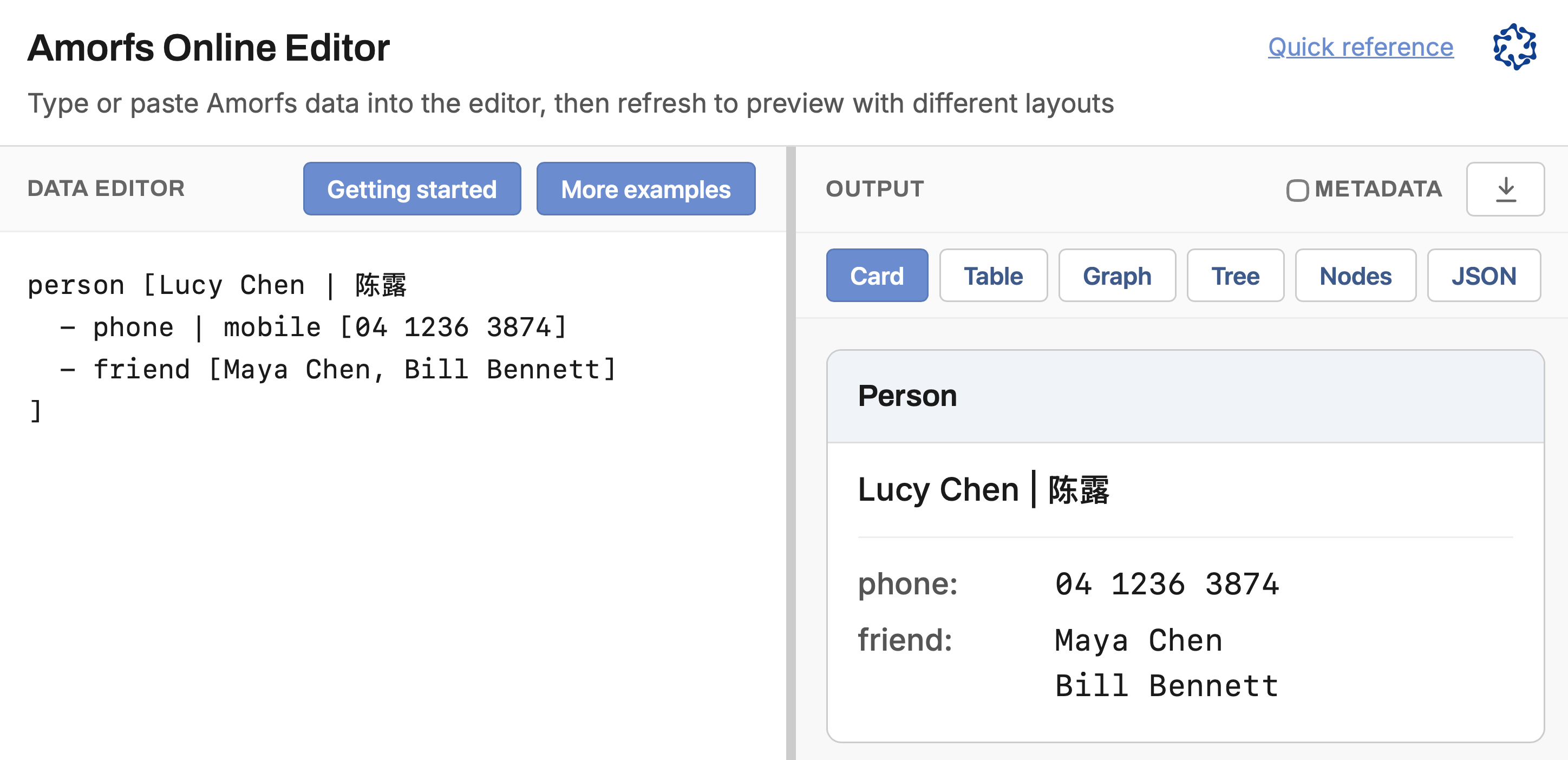 Amorfs live demonstration with Lucy Chen contact data in the editor and card layout preview