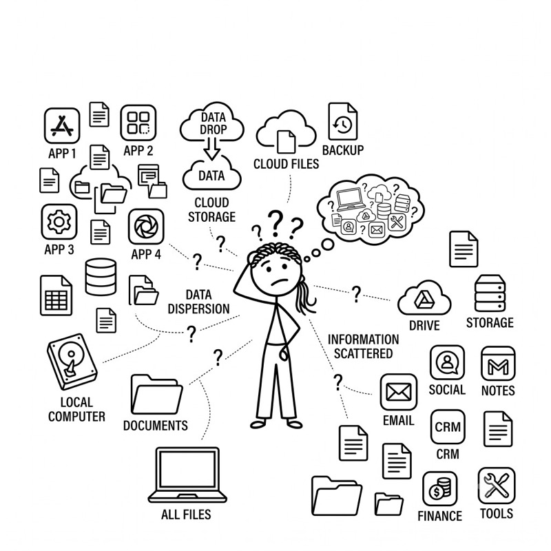 Person surrounded by scattered apps, clouds, and drives — data dispersion and information overload