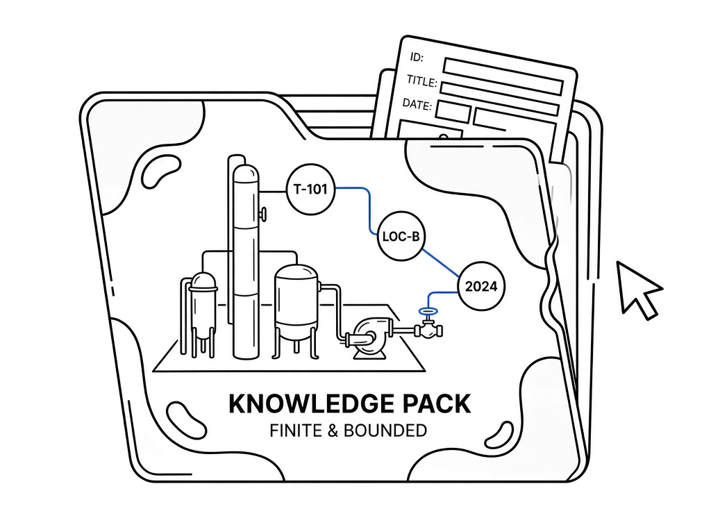 A bounded Knowledge Pack holding a process unit as connected equipment, location and date